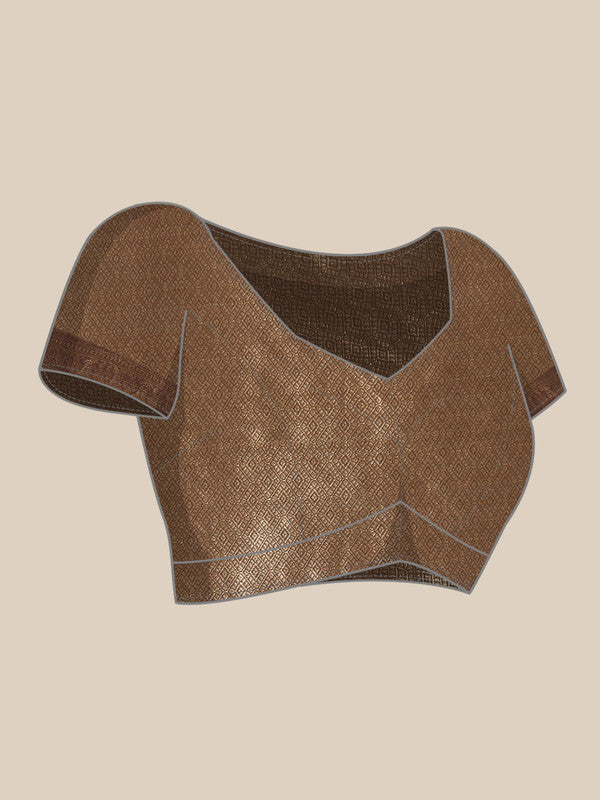 Brown Kanjeevaram Silk Digital Print Geomatric Saree with Unstitched Blouse - Hiral Fashion | Grocsy