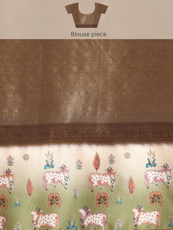 Brown Kanjeevaram Silk Digital Print Geomatric Saree with Unstitched Blouse - Hiral Fashion | Grocsy