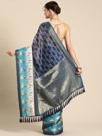 Blue Kanjeevaram Silk Digital Print Geomatric Saree with Unstitched Blouse - Hiral Fashion | Grocsy