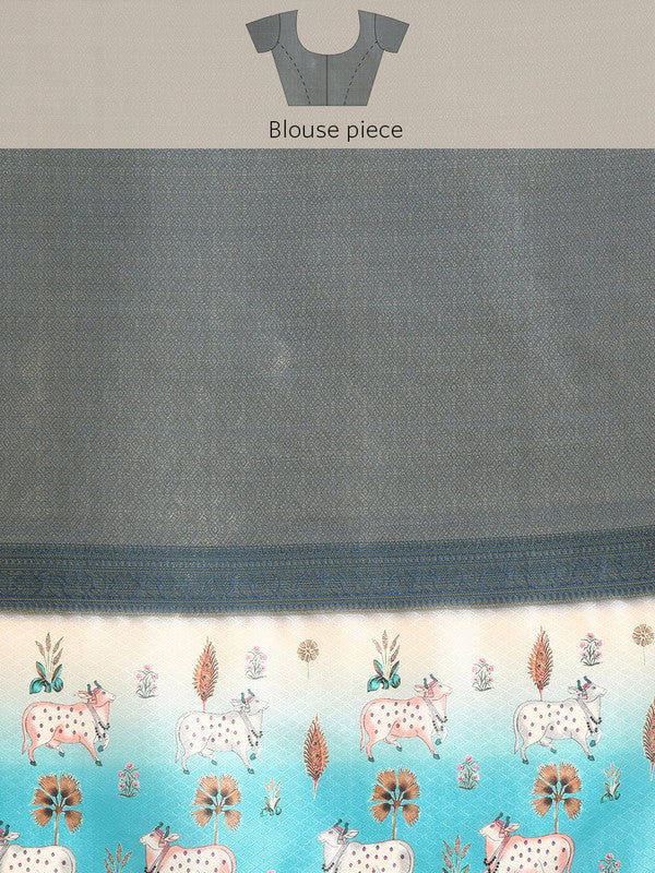 Blue Kanjeevaram Silk Digital Print Geomatric Saree with Unstitched Blouse - Hiral Fashion | Grocsy