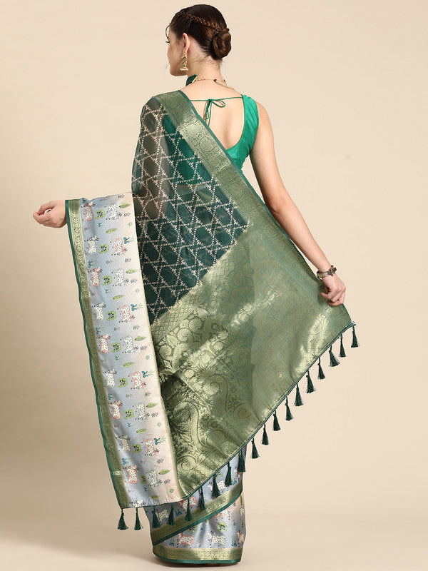 Green Kanjeevaram Silk Digital Print Geomatric Saree with Unstitched Blouse - Hiral Fashion | Grocsy