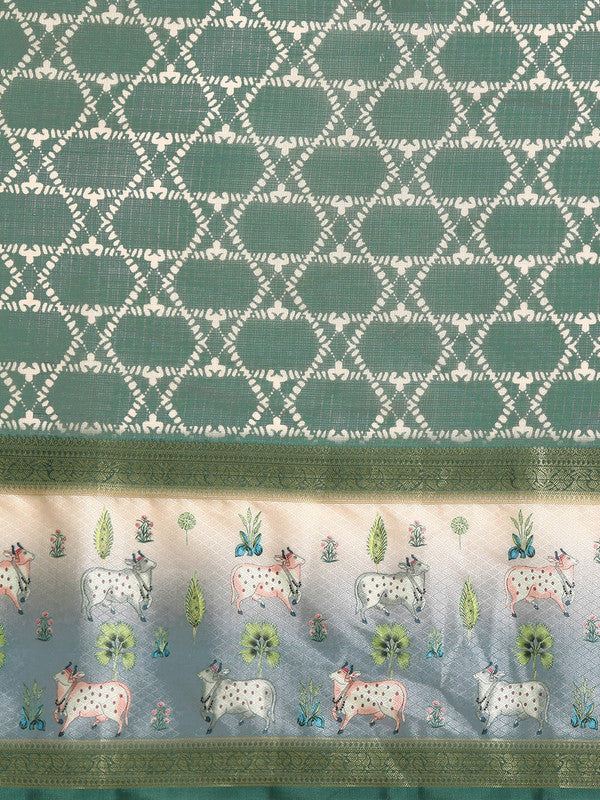 Green Kanjeevaram Silk Digital Print Geomatric Saree with Unstitched Blouse - Hiral Fashion | Grocsy