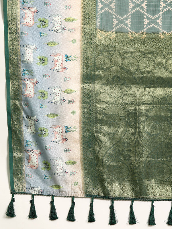 Green Kanjeevaram Silk Digital Print Geomatric Saree with Unstitched Blouse - Hiral Fashion | Grocsy