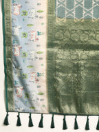 Green Kanjeevaram Silk Digital Print Geomatric Saree with Unstitched Blouse - Hiral Fashion | Grocsy