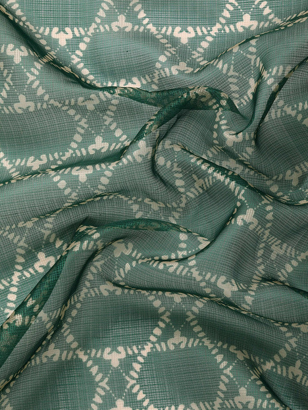 Green Kanjeevaram Silk Digital Print Geomatric Saree with Unstitched Blouse - Hiral Fashion | Grocsy
