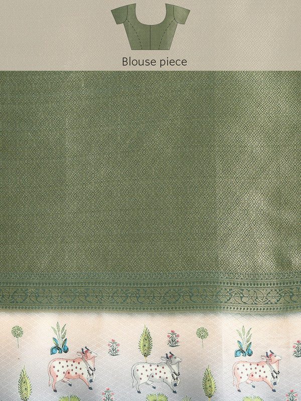 Green Kanjeevaram Silk Digital Print Geomatric Saree with Unstitched Blouse - Hiral Fashion | Grocsy