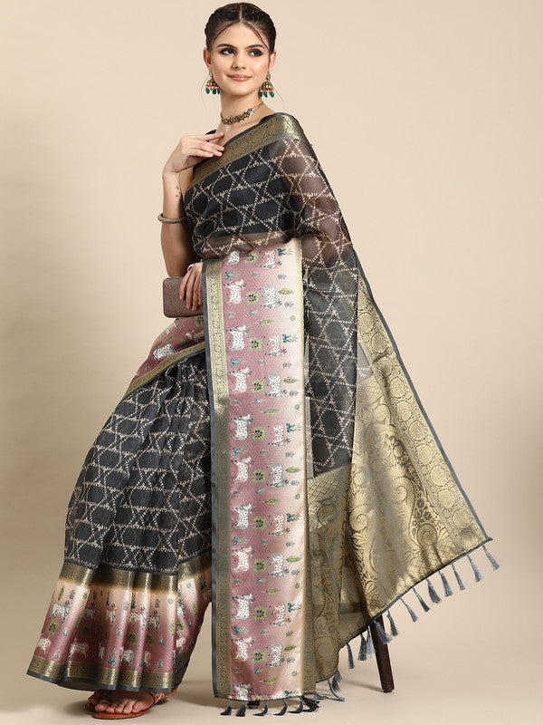 Gray Kanjeevaram Silk Digital Print Geomatric Saree with Unstitched Blouse - Hiral Fashion | Grocsy