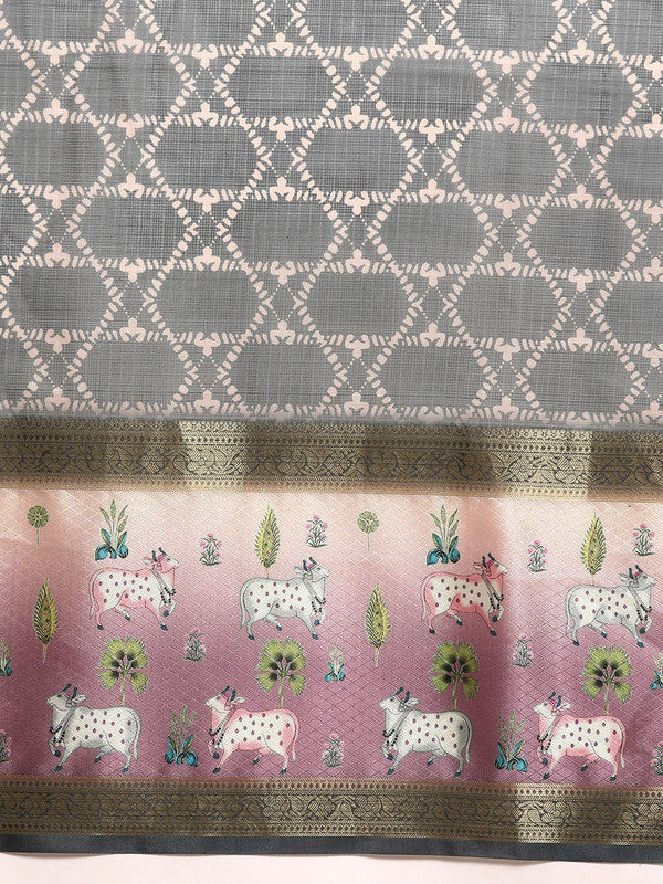 Gray Kanjeevaram Silk Digital Print Geomatric Saree with Unstitched Blouse - Hiral Fashion | Grocsy