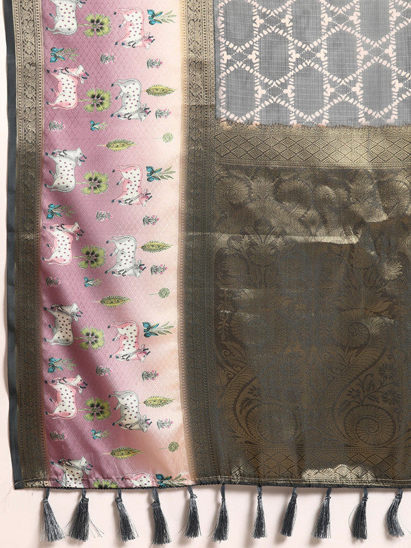 Gray Kanjeevaram Silk Digital Print Geomatric Saree with Unstitched Blouse - Hiral Fashion | Grocsy