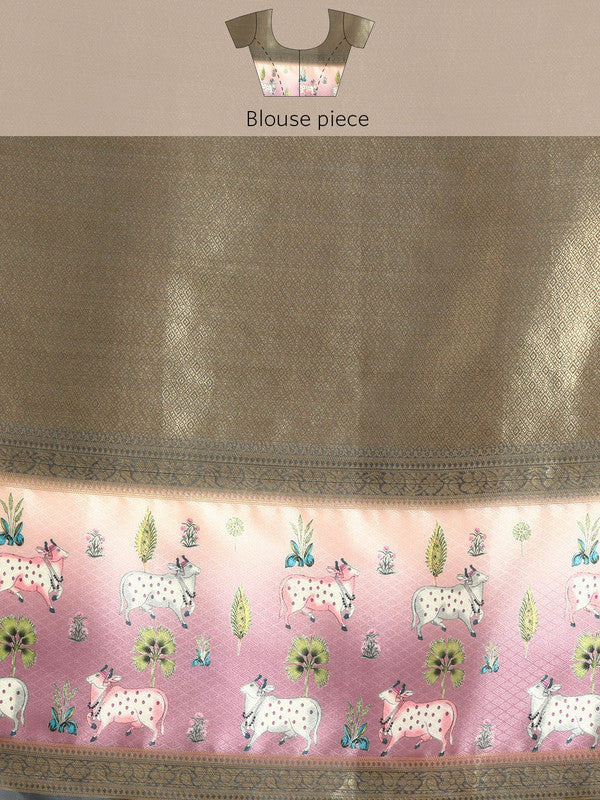 Gray Kanjeevaram Silk Digital Print Geomatric Saree with Unstitched Blouse - Hiral Fashion | Grocsy