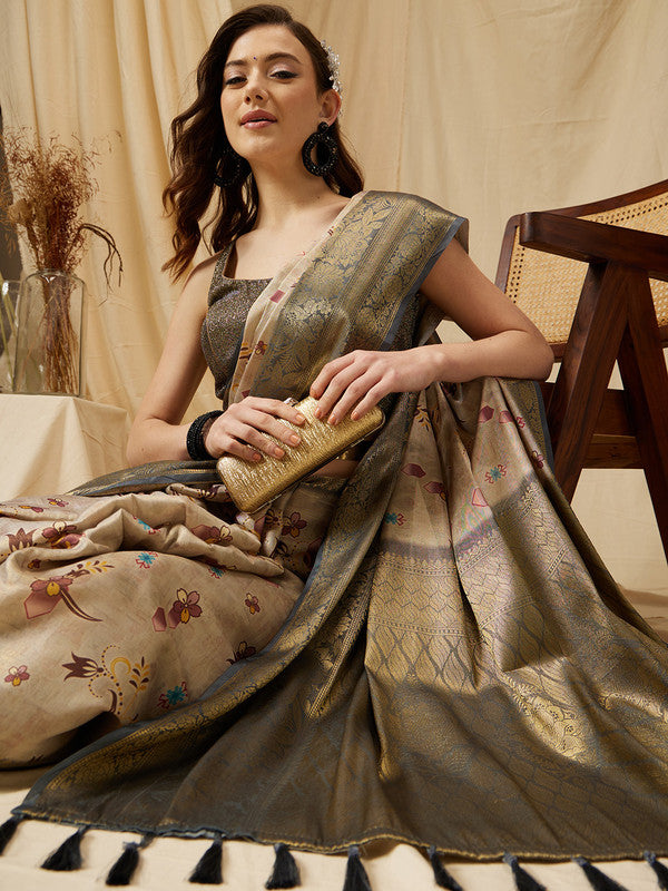 Beige Tissue Silk Digital Print Floral Saree with Unstitched Blouse - Hiral Fashion | Grocsy