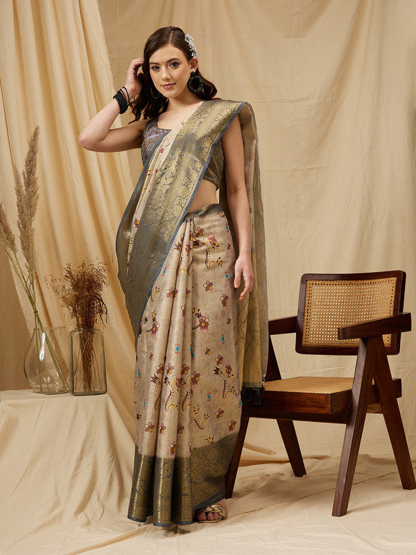 Beige Tissue Silk Digital Print Floral Saree with Unstitched Blouse - Hiral Fashion | Grocsy
