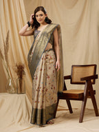 Beige Tissue Silk Digital Print Floral Saree with Unstitched Blouse - Hiral Fashion | Grocsy