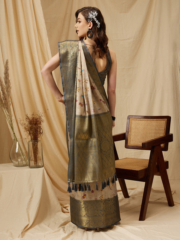 Beige Tissue Silk Digital Print Floral Saree with Unstitched Blouse - Hiral Fashion | Grocsy