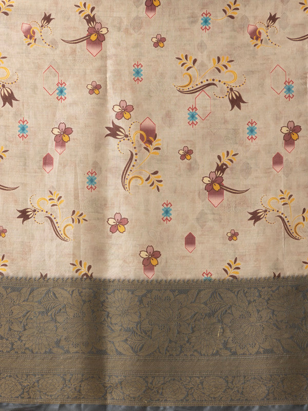 Beige Tissue Silk Digital Print Floral Saree with Unstitched Blouse - Hiral Fashion | Grocsy