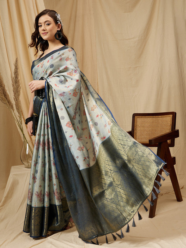 Gray Tissue Silk Digital Print Floral Saree with Unstitched Blouse - Hiral Fashion | Grocsy