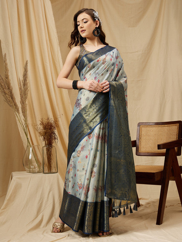 Gray Tissue Silk Digital Print Floral Saree with Unstitched Blouse - Hiral Fashion | Grocsy