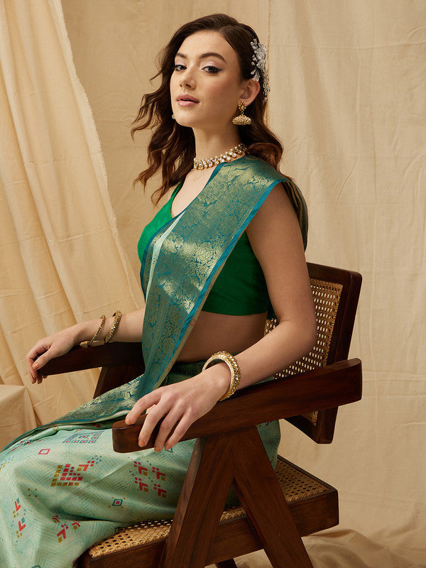 Turquoise Tissue Silk Digital Print Geomatric Saree with Unstitched Blouse - Hiral Fashion | Grocsy