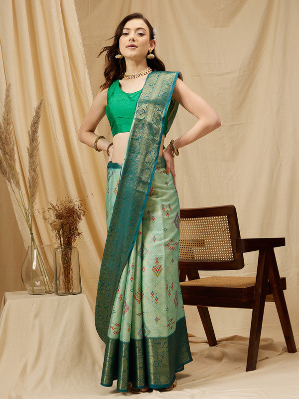 Turquoise Tissue Silk Digital Print Geomatric Saree with Unstitched Blouse - Hiral Fashion | Grocsy