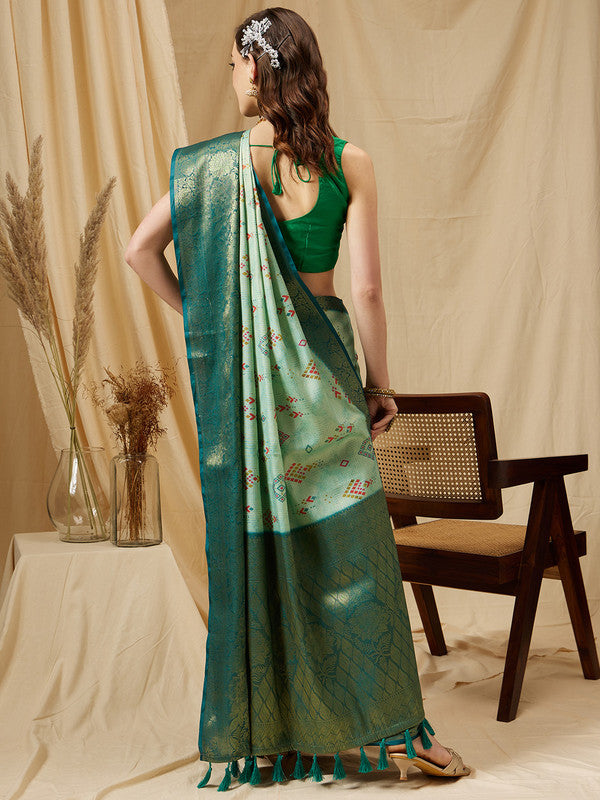 Turquoise Tissue Silk Digital Print Geomatric Saree with Unstitched Blouse - Hiral Fashion | Grocsy