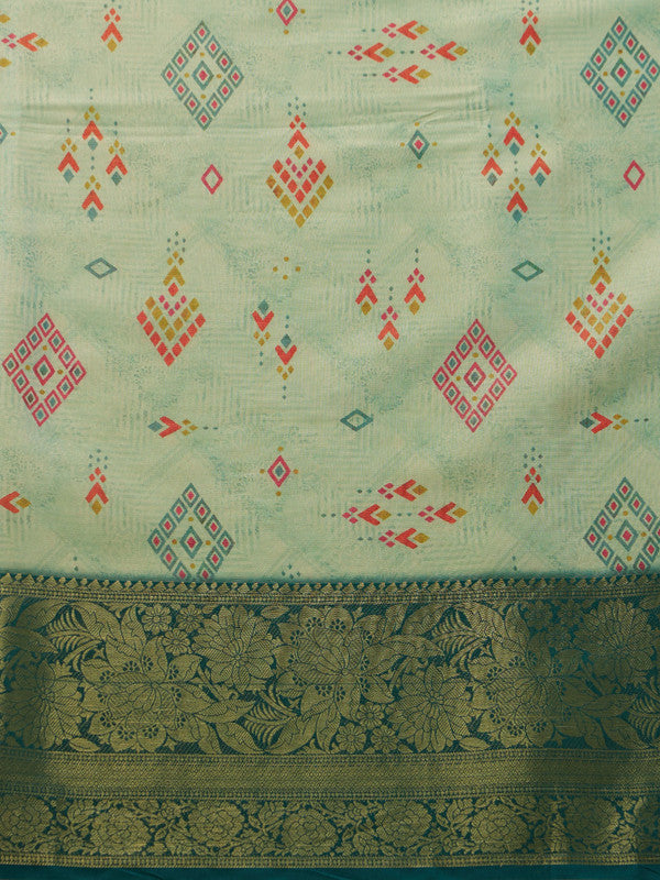 Turquoise Tissue Silk Digital Print Geomatric Saree with Unstitched Blouse - Hiral Fashion | Grocsy