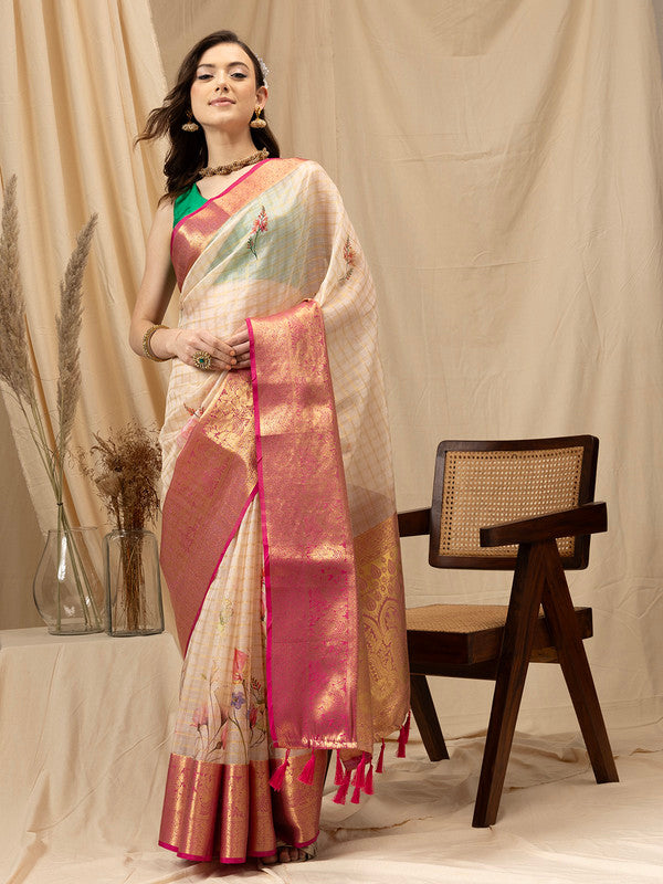 Beige Munga Silk Digital Print Floral Saree with Unstitched Blouse - Hiral Fashion | Grocsy