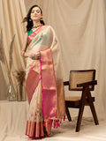 Beige Munga Silk Digital Print Floral Saree with Unstitched Blouse - Hiral Fashion | Grocsy