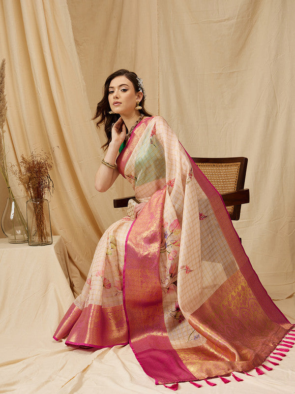 Beige Munga Silk Digital Print Floral Saree with Unstitched Blouse - Hiral Fashion | Grocsy