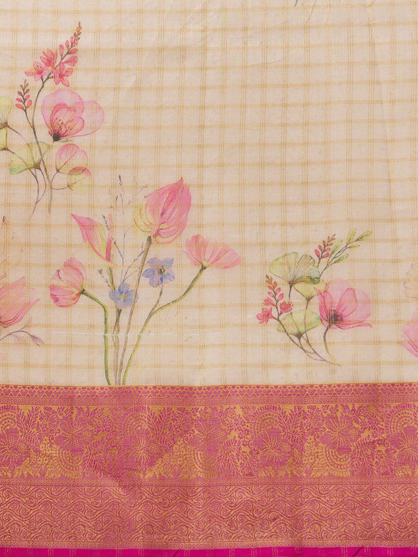 Beige Munga Silk Digital Print Floral Saree with Unstitched Blouse - Hiral Fashion | Grocsy