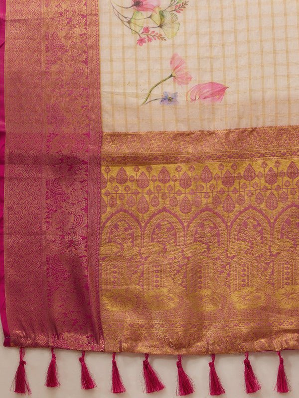 Beige Munga Silk Digital Print Floral Saree with Unstitched Blouse - Hiral Fashion | Grocsy