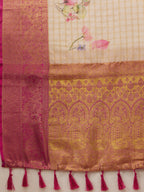 Beige Munga Silk Digital Print Floral Saree with Unstitched Blouse - Hiral Fashion | Grocsy