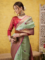 Green Munga Silk Digital Print Floral Saree with Unstitched Blouse - Hiral Fashion | Grocsy