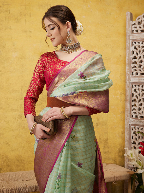 Green Munga Silk Digital Print Floral Saree with Unstitched Blouse - Hiral Fashion | Grocsy