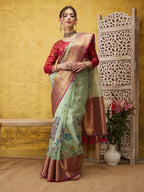 Green Munga Silk Digital Print Floral Saree with Unstitched Blouse - Hiral Fashion | Grocsy