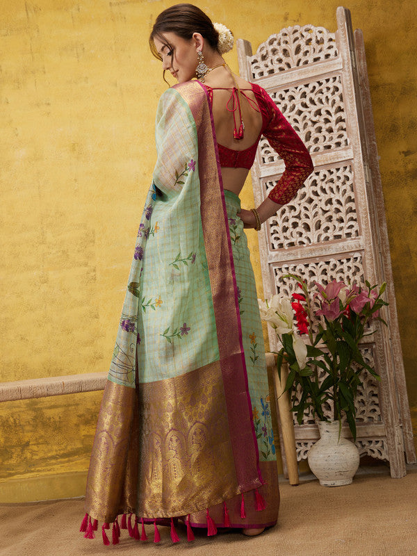 Green Munga Silk Digital Print Floral Saree with Unstitched Blouse - Hiral Fashion | Grocsy