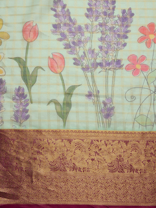 Green Munga Silk Digital Print Floral Saree with Unstitched Blouse - Hiral Fashion | Grocsy