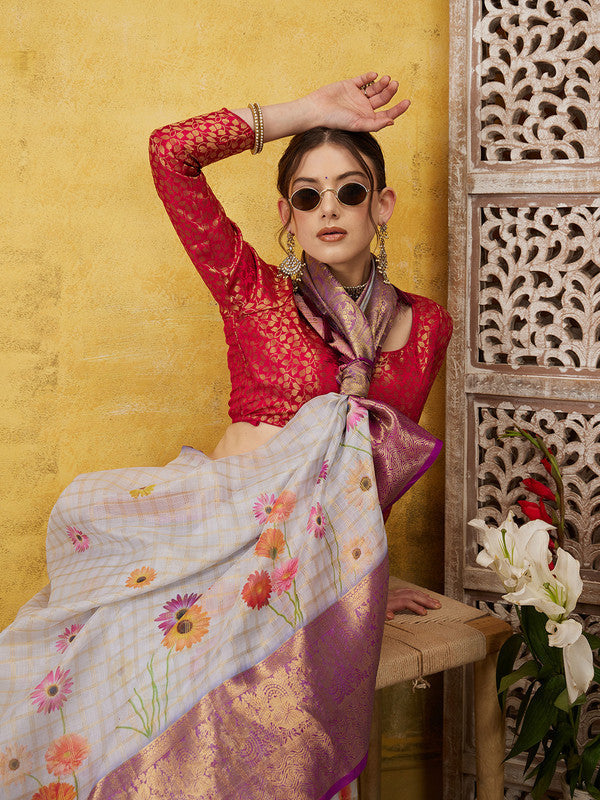 Lavender Munga Silk Digital Print Floral Saree with Unstitched Blouse - Hiral Fashion | Grocsy