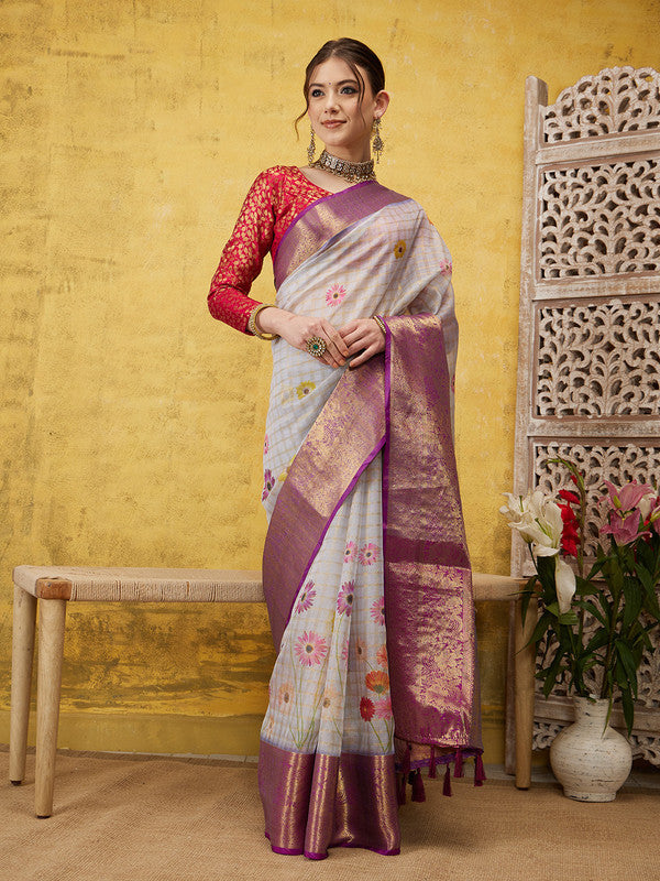 Lavender Munga Silk Digital Print Floral Saree with Unstitched Blouse - Hiral Fashion | Grocsy