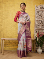 Lavender Munga Silk Digital Print Floral Saree with Unstitched Blouse - Hiral Fashion | Grocsy