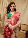 Peach Munga Silk Digital Print Floral Saree with Unstitched Blouse - Hiral Fashion | Grocsy