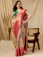 Peach Munga Silk Digital Print Floral Saree with Unstitched Blouse - Hiral Fashion | Grocsy