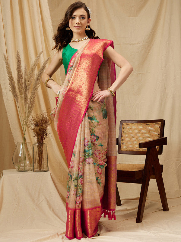 Peach Munga Silk Digital Print Floral Saree with Unstitched Blouse - Hiral Fashion | Grocsy