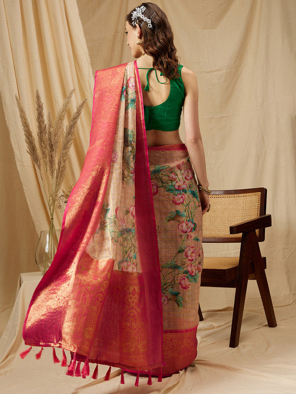 Peach Munga Silk Digital Print Floral Saree with Unstitched Blouse - Hiral Fashion | Grocsy