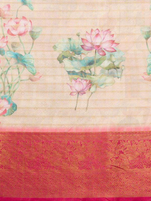 Peach Munga Silk Digital Print Floral Saree with Unstitched Blouse - Hiral Fashion | Grocsy