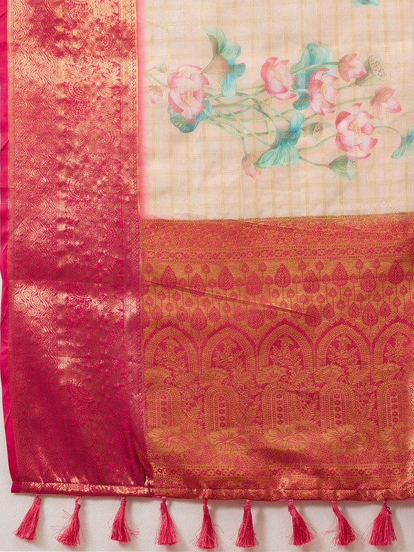 Peach Munga Silk Digital Print Floral Saree with Unstitched Blouse - Hiral Fashion | Grocsy