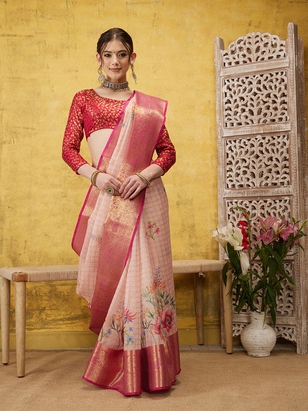 Pink Munga Silk Digital Print Floral Saree with Unstitched Blouse - Hiral Fashion | Grocsy