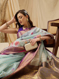 Sky Blue Munga Silk Digital Print Floral Saree with Unstitched Blouse - Hiral Fashion | Grocsy