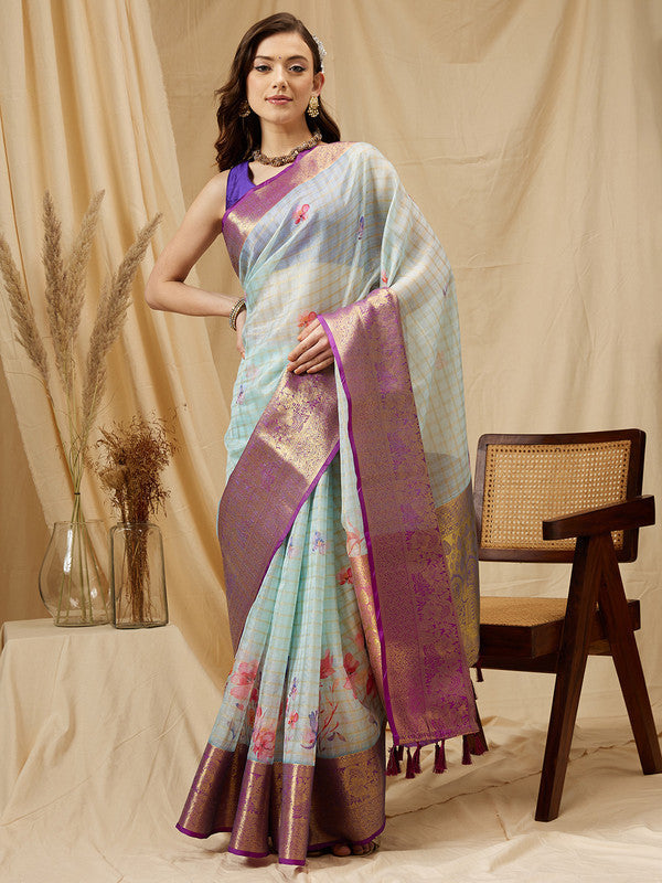 Sky Blue Munga Silk Digital Print Floral Saree with Unstitched Blouse - Hiral Fashion | Grocsy