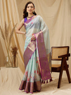 Sky Blue Munga Silk Digital Print Floral Saree with Unstitched Blouse - Hiral Fashion | Grocsy