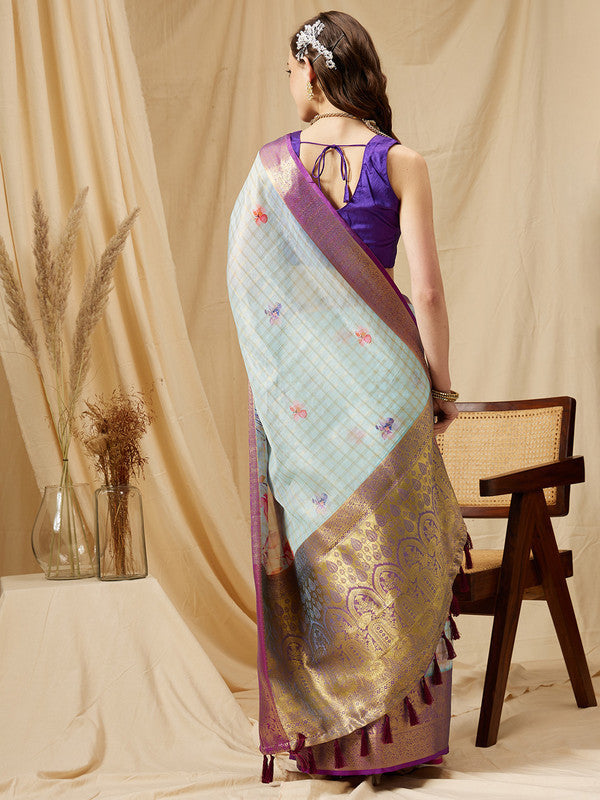 Sky Blue Munga Silk Digital Print Floral Saree with Unstitched Blouse - Hiral Fashion | Grocsy